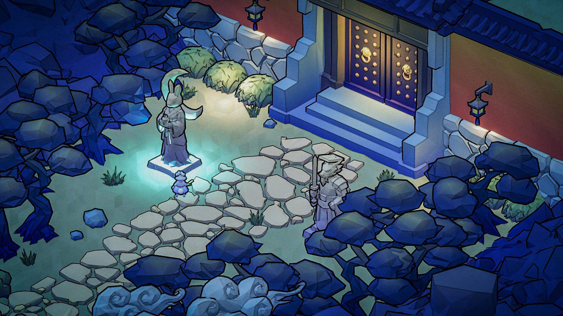 Rabbit dodging Taotie's charge attack amid scattered stones