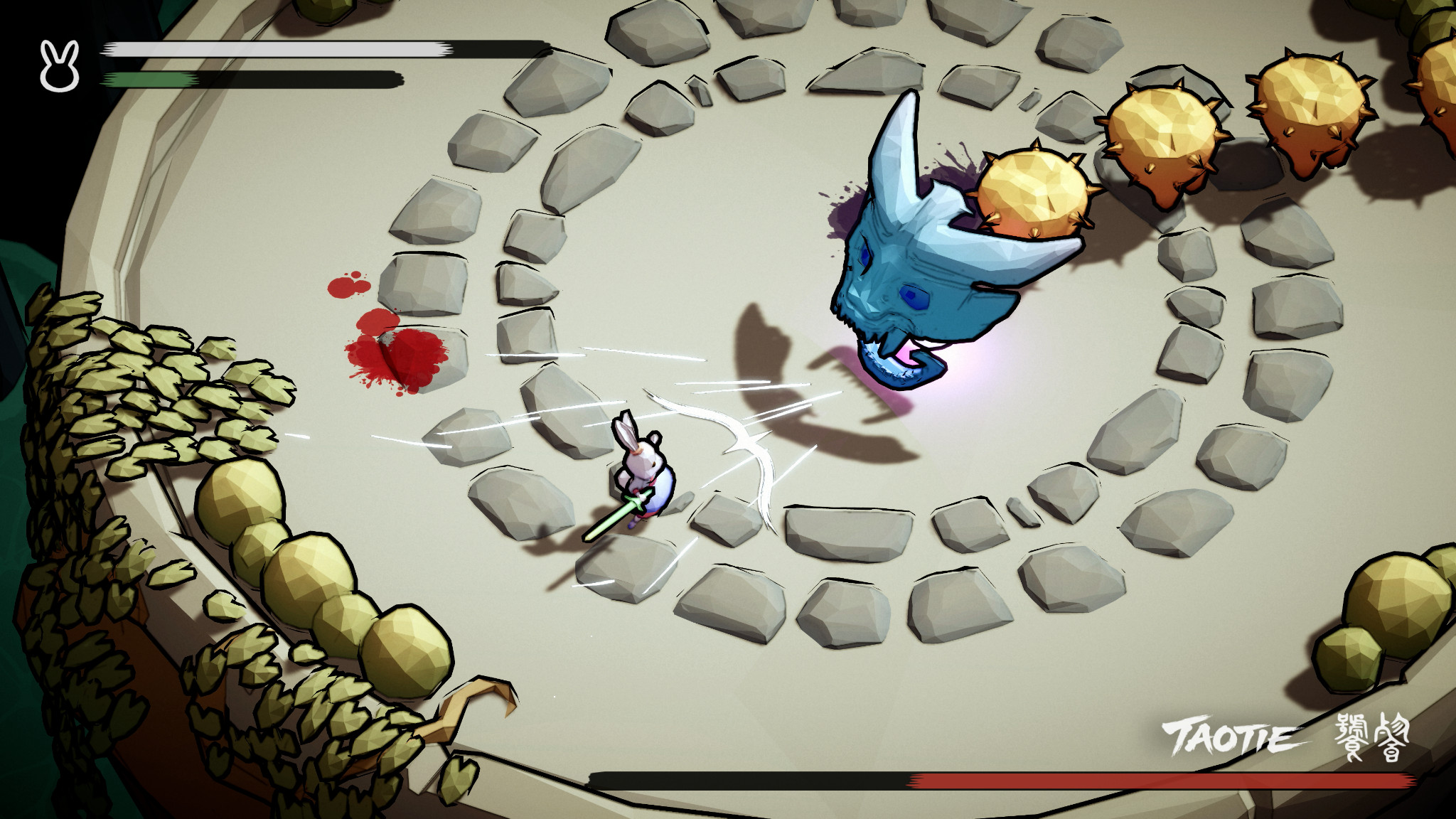 Taotie unleashing a meteor attack while the rabbit evades